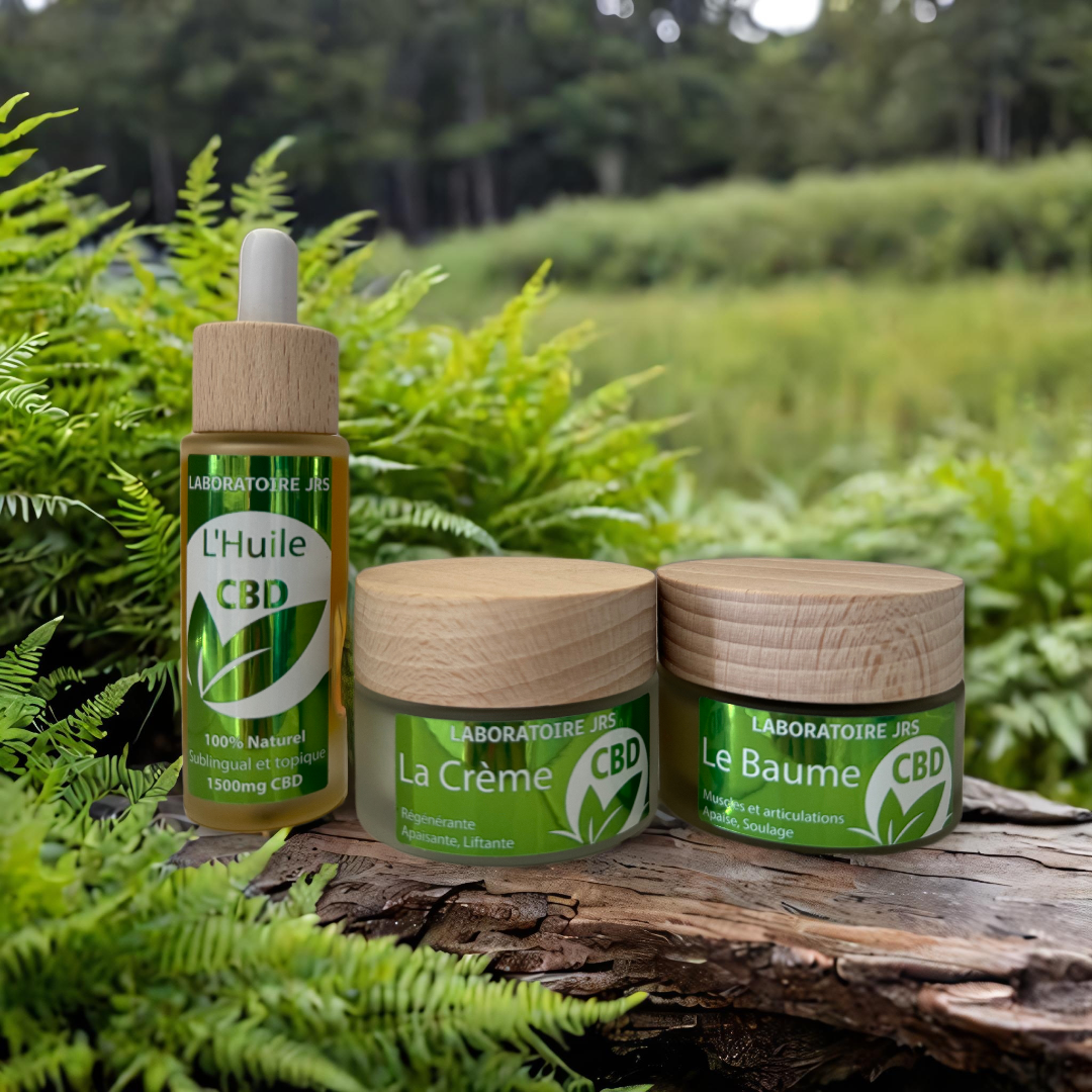 Spécial Trio 100% Naturel : Crème anti-âge hydratante, Huile CBD bien-être, Baume apaisant muscles & articulations.