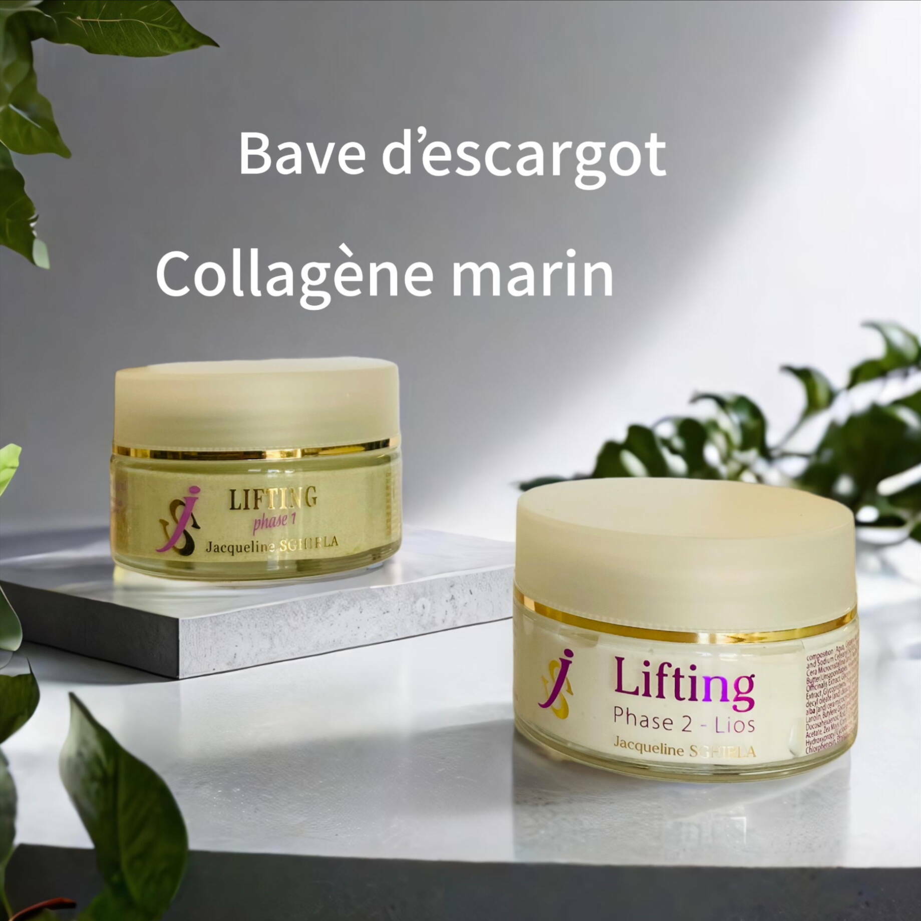 DUO LIFTING PHASE 1 & PHASE 2 1 💎 DUO LIFTING PHASE 1 & PHASE 2 Collagène marin & Bave d’escargot bio : l’alliance anti-âge ultime Offrez à votre peau un soin complet et intensif grâce à ce protocole en deux phases, qui associe deux actifs d’exception : 👉 Le collagène marin pour un effet raffermissant immédiat 👉 La bave d’escargot bio pour une réparation profonde et durable